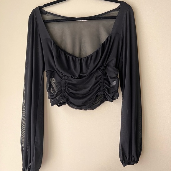 ‼️BOGO SALE‼️ FASHION NOVA VINTAGE Black Mesh Long Sleeve Ruche Crop Top - Picture 1 of 10